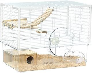 PawHut Hamster Cage, Gerbil Cage w/Deep Bottom, Litter Area, Wooden Ramp, Platforms, Hut, Exercise Wheel, for Small Rodents, 59 x 35.5 x 47cm