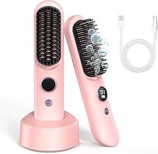 Cordless Heated Hair Brush, Portable Hair Straightener Brush 8400mAh USB Rechargeable, ON The GO Mini Hair Straightening Comb 9 Temps Fast Heating, Anti-Scald, Pink