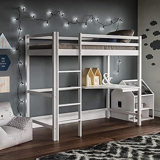 Vida Designs Sydney High Sleeper Bunk Bed, Solid Pine Wood Kids Loft Bed Frame With Desk, Perfect For Children, Single 3 Foot, White