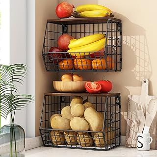 Mefirt Fruit Bowl, Fruit Baskets for Kitchens, Hanging Rack with Banana Hanger can as Kitchen Storage, Vegetable Rack Wall & Stackable Storage Baskets for Vegetables, Snacks