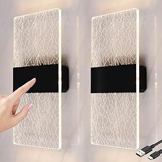 LED Touch Control Wall Lamp Modern Indoor Wall Light With Switch USB Rechargeable Battery Wall Light, Magnetic Installation, Black Wireless Wall Sconces Lighting 3000K Brightness Adjustable 2 Pack
