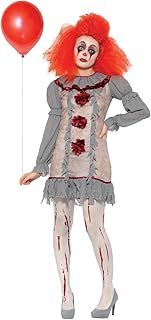 Smiffys Vintage Clown Lady Costume, Grey & Red with Dress & Neck Ruffle, Halloween Cirque Sinister Fancy Dress, Clown Dress Up Costumes