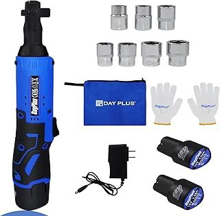12V Cordless Ratchet Wrench 3/8'' Sq Drive 90 Degree Right Angle Electric Ratchet Wrench,40N.m Torque Power Ratchet Wrenches Set with 2pcs 1.5Ah Li-Ion Batteries,60-min Fast Charger and 7 Sockets