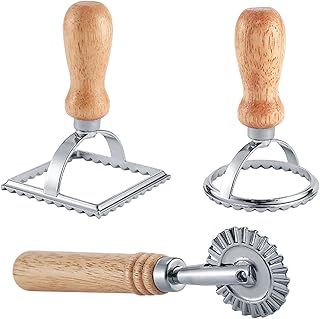 Ravioli Maker Stamp Cutter with Roller Wheel Set, Pasta Maker Mold with Wooden Handle and Fluted Edge, Ravioli Cutter and Press Stamp – for Pasta, Dumplings Lasagna, Pierogi (3 Set with Cutter)