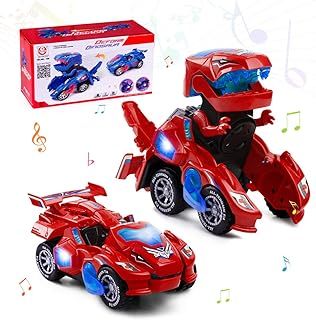 Dinosaur Transforming Car for 3-7 Year Old Boys Girls,Electric Automatic Transformable Dinosaur Car with Flashing Lights and Music Transforming Dinosaur Toys for Kids Red