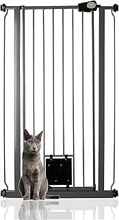 Bettacare Pet Gate with Lockable Cat Flap, Narrow, 68.5cm - 75cm, Slate Grey, 104cm in Height, Extra Tall Narrow Dog Safety Barrier with Cat Flap, Easy Installation