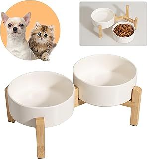 Elevated Ceramic Dog Bowl Set - Raised Dog Bowls with Non-Slip Bamboo Stand - Dog Food and Water Bowl Set - Double Dog Feeding Bowls - Pet Dishes for Cats and Small Dogs - 16.23 OZ - 2 CUPS - 480 ML
