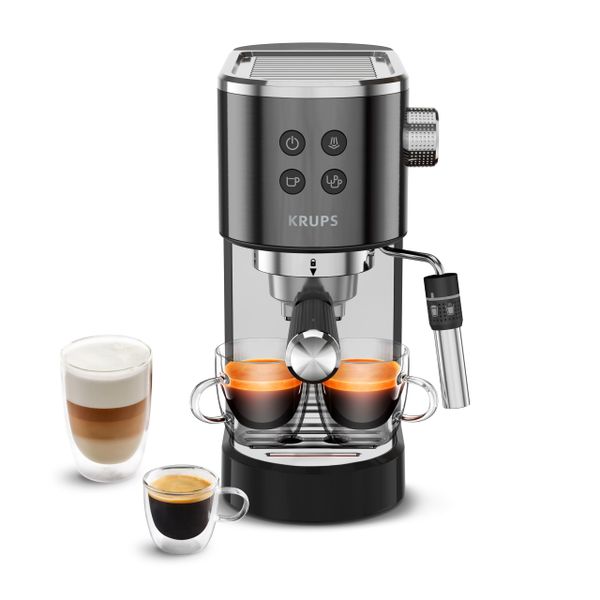 KRUPS Virtuoso+ Espresso Pump Machine, 15 Barista, Thermoblock, Stainless Steel, Steam Nozzle, Automatic Shut-off, Espresso & Cappuccino, Barista Quality, Steam Nozzle XP444G10