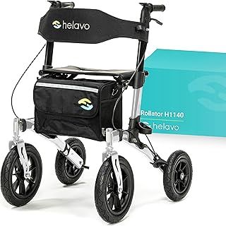 Helavo All Terrain Walker with Puncture-Proof, Flat-Free Solid Rubber Tires - Foldable Outdoor Walker for Seniors with Seat - Best Comfort on All Surfaces