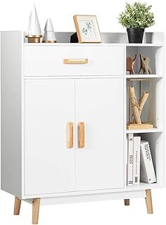 COSTWAY Sideboard Storage Cabinet, Freestanding Wooden Bookcase with Drawer and Adjustable Shelves, Home Hallway Entryway Display Organiser Cupboard (White)