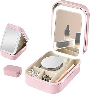 Travel Makeup Bag with Mirror, Portable Cosmetic Box with Adjustable Dividers, Vanity Cases with 3 Color Modes Light, Makeup Organiser Bag for Brushes & Lipstick (Pink)