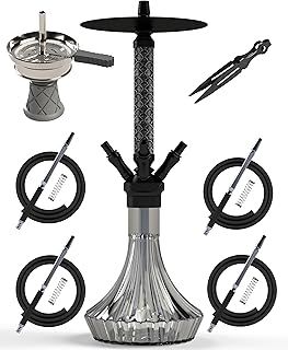 NOBLE HOOKAH Hookah Set 4 Connections Medium Hookah Made of Aluminium and Leathers, Shisha 4 Hoses and Handles with Shisha Head, Glass Bowl, Black