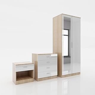 ELEGANT 3 Piece Bedroom Furniture Sets High Gloss Soft Close Wardrobe Mirrored + 4 Storage Drawer Chest of Drawers + Bedside Cabinet, White-Oak Wardrobe and Chest of Drawers Set