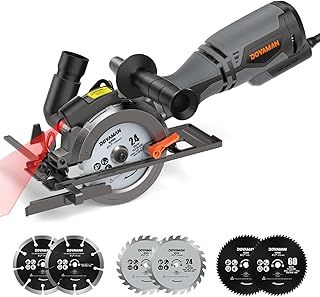 DOVAMAN Mini Circular Saw, 710W Circular Saw with Laser, 3500rpm, Metal Auxiliary Handle, Cutting Depth 43mm (90°), 29mm (45°), 6 Saw Blades Ideal for Wood, Soft Metal, Plastic, Tile - MCS01A