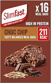 SlimFast Tasty Balanced Meal Bar, Low Calorie Replacement Bars for Weight Loss and Diet, High Protein, Healthy Snacks for Adults with 23 Vitamins and Minerals, Choc Chip Flavour, Multipack, 16 x 60 g