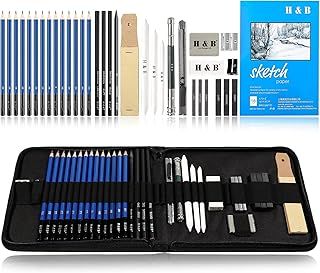 H & B Drawing Sketching Pencils Set, 35 Pack Art Kit with Sketch Book Draw Pencils Charcoal Pencil Eraser Sharpener Pencil Extender & Canvas Pencil Case for Artist Beginners Kids Adults