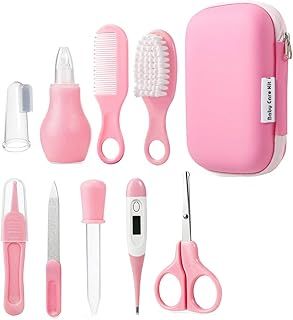 PandaEar Baby Healthcare and Grooming Kit, Baby Safety Set Baby Comb, Brush, Finger Toothbrush, Scissors, Nasal Aspirator, Baby Essentials Nursery Care Kit (Pink)