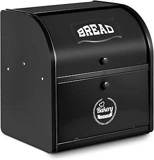 2-Layer Bread Bin, Bread Bins for Kitchen, Large Bread Box with Roll Top Lid, Metal Bread Container, Storage Bin for Fresh Loaves, Cookies, Pastries 30 x 25 x 33 cm (Black)