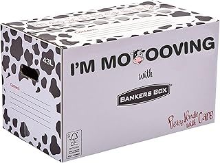 10 BANKERS BOX Strong Moving Boxes, 43l Cardboard Boxes, Packing Boxes for Moving House with Handles, 51cm × 29cm × 29cm (Pack of 10). Cow Print