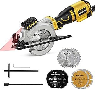 Enventor Mini Circular Saw, 705W 3500RPM Pure Copper Motor Compact Electric Circular Saw with Laser Guide, 6 Blades(115mm), Max Cutting Depth 42.8mm(90°), 28mm(45°) for Wood, Soft Metal, Tile, Plastic