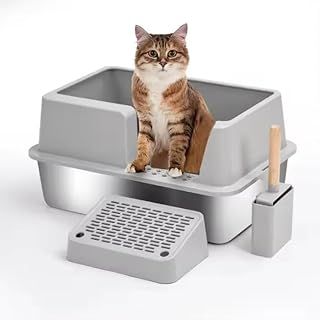 Montys Enclosed Sides Stainless Steel XL Cat Litter Box - Extra Large High-Sided Litterbox for Big Cats - Never Absorbs Odour, Stains, or Rusts - (1 Pan with Enclosure, Side Step and Scooper)