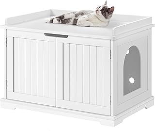 Yaheetech Wooden Cat Litter Box Enclosure, Indoor Hidden Litter Box Washroom Storage Bench with Double Doors, Moveable Partition & Ventilation Holes for Cat Kitty, White