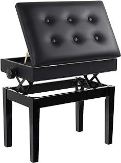 GRANDMA SHARK Piano Stool, Dressing Table Stool, Height Adjustable, Single Seat Keyboard Bench with Storage Compartment, Soft Faux Leather Padded Seat (Black Button)