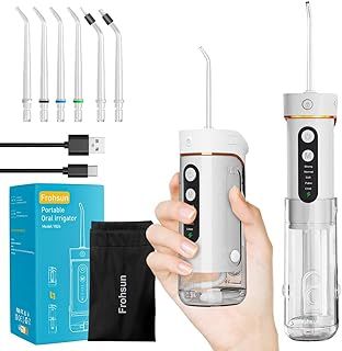 Frohsun Retractable Water Dental Flosser Cordless Oral Irrigator for Dental&Oral Health 5 Pressure Modes for Kids&Adults 6 Tips IPX7 Waterproof Low Noise Rechargeable Dental Flosser for Home&Travel