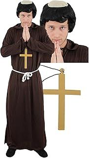 Adults Monk Costume - Brown Robe, White Rope Belt, Gold Cross, Monk Wig - Adults Friar Halloween Fancy Dress Costume