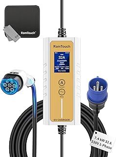 RamTouch Electric Vehicle Charger (7.4 kW, Type 2, CEE Plug 32A, 6.5m), Portable EV Charger with 8A to 32A Adjustable Power and Scheduled Charging, Compatible with EVs and Hybrids, Home & Outdoor Use