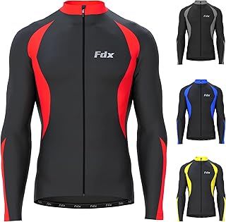FDX Mens Cycling Jersey, Windproof Warm Winter Cycle Tops, Long Sleeves Water-Resistant Lightweight Thermal Bike Jacket, Windproof Bicycle Shirt for Riding, and Running