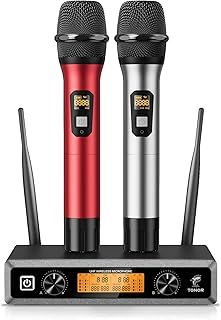 TONOR TW820 Wireless Microphone System, Professional Metal Cordless Karaoke Microphones, Handheld Dynamic Mic Set with Receiver for Party, Meeting, KTV, DJ, Wedding, Singing, 200ft, Silver&Red