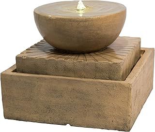 Teamson Home Garden Water Feature with Lights, Outdoor 2 Tier Basin Water Fountain & Pump, Indoor Stone Cascading Zen Waterfall Ornament, Patio Decor