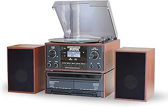 BOSTON Black 5 in 1 Music Centre, Bluetooth Vinyl Record Player, Turntable with CD, Cassette, FM Radio and Aux in, USB MP3 playback & Encoding, Remote Control, Standalone Stereo Speakers