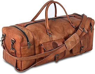 KPL Large 32 Inch Sports Bags for Men Leather Travel Bag Tote Weekend Sports Night Sports Bag, Brown, L