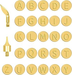 Letter Wood Burning Tip Kit 28pcs Embossing Uppercase and Solde Iron Alphabet Branding Hand Tool Copper Pyrography Head Tools for Wood DIY Making Crafts Embossing, 0.39inch in Dia