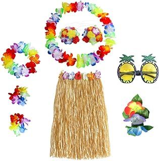 8PCS Hula Skirt Costume Hawaiian Leis Dancer Dress Set with Flower Bikini Top, Hawaiian Lei, Hibiscus Hair Clip, Pineapple for Adults Fancy Dress Supplies Party Summer Beach Tropical Party Decorations