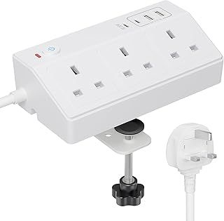 Desk Extension Lead with USB Slots, HAFINO PD 20W Fast Charging Power Station, 2M White Desk Power Socket with Removable Clamp, Desktop Power Strip for Home Office