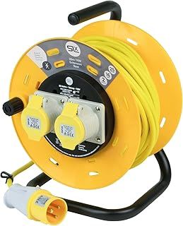 SLx 110V Extension Lead Industrial 25m Open Drum Cable Reels, 2 Socket with Thermal Cut Out, Heavy Duty Indoor and Outdoor Extension Cable, 16A Fused UK Plug