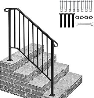 Handrails for Outdoor Steps, Galvanized Iron Exterior Handrail, Fit 3 or 4 Steps Stair Railing, Banister with Installation Kit for Stairs, Garden, House Entrance, Backyard & Balcony, Black