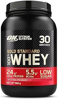 Optimum Nutrition Gold Standard 100% Whey Muscle Building and Recovery Protein Powder With Naturally Occurring Glutamine and BCAA Amino Acids, Delicious Strawberry Flavour, 30 Servings, 900 g