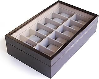 CASE ELEGANCE Solid Espresso 12 Slot Wood Watch Box Organizer with Glass Display Top