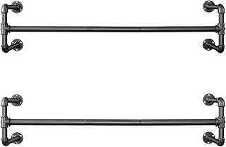 SONGMICS Wall-Mounted Clothes Rack, Set of 2, Industrial Pipe Clothes Hanging Bar, Space-Saving, 30 x 112 x 29.3 cm, Each Holds up to 60 kg, for Small Space, Black HSR64BK-02