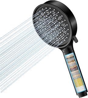Hard Water Filter Shower Head with 6 Spray Modes, High Pressure Water Saving Shower Head with 20 Layers Filtration, Power Shower Heads with Showerhead Filter for Residual Chlorine Remove, Black