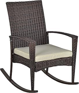 Outsunny PE Rattan Garden Rocking Chair, Outdoor Rocking with Cushion, 160 KG Capacity Wicker Garden Armchair Rocker with Metal Frame for Patio, Porch, Balcony, Brown
