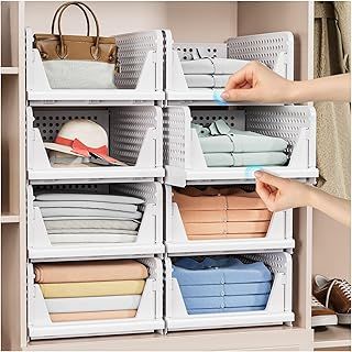 4 Pack Folding Closet Organizers Box, Stackable Plastic Basket, Drawer Shelf Container for Cupboard Kitchen Bathroom Bedroom (4L) White
