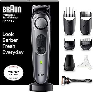 BRAUN Beard Trimmer Series 7 BT7420, Electric Trimmer for Men, Incl. Sharpest ProBlade, 40 Length Settings, Barber Tools, Charging Stand, Travel Case, Stencil, Rechargeable & Waterproof