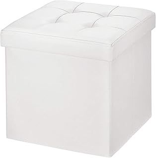 BRIAN & DANY Folding Ottoman Storage Box with Lid, Faux Leather Footstool Toy Storage Box Storage Seat 38 x 38 x 38 cm (White)
