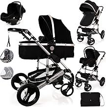 Baby Pram Pushchair Buggy with Car Seat Lightweight Stroller Folding Strollers 3 in1 Travel System Baby Trolley Pram for Newborns Toddlers 0-36 Months from Birtn (Black - Silver Frame)