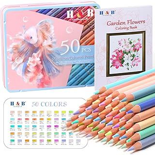 H & B Colouring Pencils for Adults Pastel Pencils Macaron Coloured Pencils Tin Set (Pack of 50) Artist Drawing Art Kit Supplies Professional Set Colouring Books